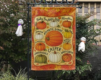 Pumpkin Varieties Garden Flag, Illustrated Types of Pumpkins Yard Decor, Rustic Autumn Porch Sign, Farmhouse Fall Halloween Decoration