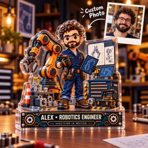 May include: A custom 3D figurine of a robotics engineer wearing a blue jumpsuit and glasses, standing next to an orange robotic arm. The base features the text "ALEX • ROBOTICS ENGINEER" and "PRECISION IN MOTION" with a small photo insert.