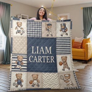 Manta personalizada com estampa de ursinho de pelúcia esportivo, manta de bebê com nome personalizado.