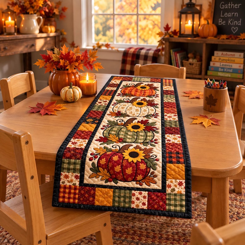 May include: A rectangular quilted table runner featuring a central panel with four pumpkins decorated with sunflowers and autumn leaves, surrounded by a border of patchwork squares in plaid and leaf patterns in shades of orange, red, and green.
