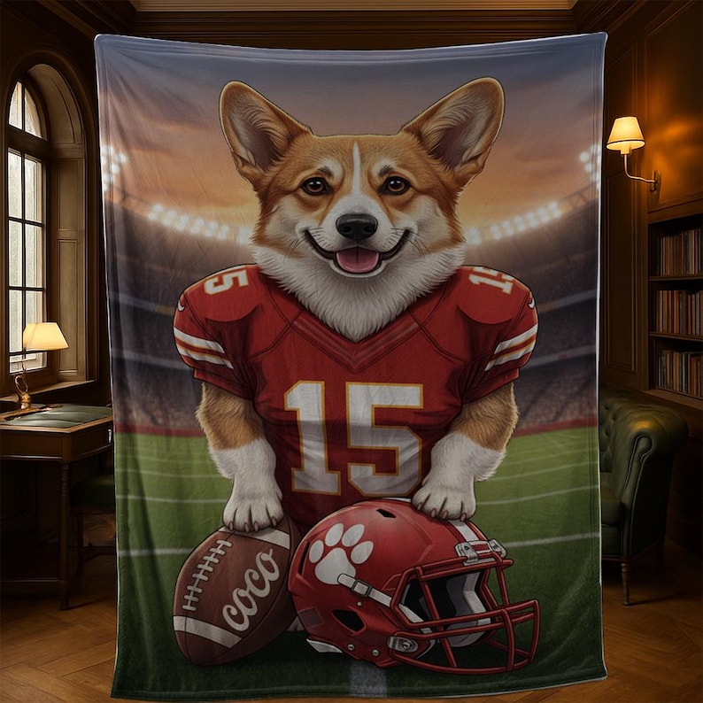 Puede incluir: Una manta de felpa con un corgi sonriente con una camiseta de f&uacute;tbol roja con el n&uacute;mero 15. El corgi est&aacute; de pie sobre un bal&oacute;n de f&uacute;tbol y un casco rojo. El fondo representa un estadio de f&uacute;tbol.