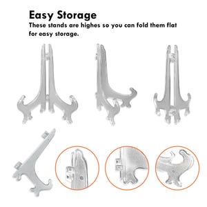 K&ouml;nnte beinhalten: Klappbare Pr&auml;sentationsst&auml;nder aus transparentem Kunststoff mit Scharnierdesign zur flachen Aufbewahrung. Der Text lautet: Easy Storage. These stands are highes so you can fold them flat for easy storage. Enth&auml;lt mehrere Ansichten und Detailaufnahmen.