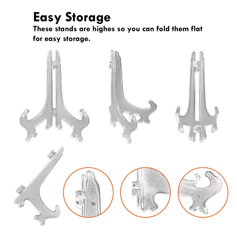 K&ouml;nnte beinhalten: Klappbare Pr&auml;sentationsst&auml;nder aus transparentem Kunststoff mit Scharnierdesign zur flachen Aufbewahrung. Der Text lautet: Easy Storage. These stands are highes so you can fold them flat for easy storage. Enth&auml;lt mehrere Ansichten und Detailaufnahmen.