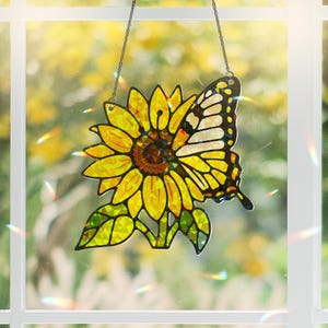 Sunflower & Monarch Butterfly Acrylic Window Hanging Ornament, Vibrant Floral Insect Decor Gift Idea, Sunflower Lover, Garden Gift