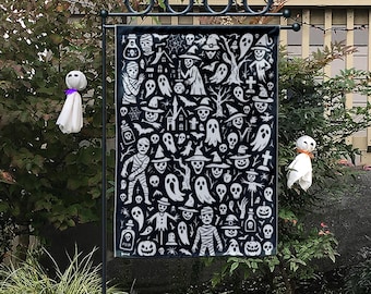 Doodle Halloween Garden Flag, Black & White Spooky Yard Decor, Whimsical Ghost Mummy Witch Art, Outdoor Goth Porch Flag Decoration