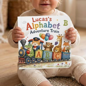 May include: A children's board book titled Lucas's Alphabet Adventure Train. The cover features a colorful steam train with a cat conductor, a crocodile, a bear, a giraffe, and a fox. The train cars are labeled with the letters A, B, and C.