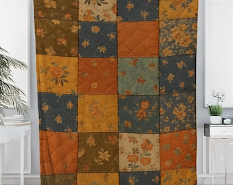 Rustic Floral Patchwork Quilt Blanket: Autumn Colors, Cozy Farmhouse Decor