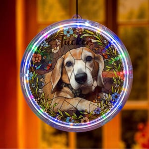 Personalized LED Hanging, Custom Pet Portrait with Name, Dog Memorial Light and Floral Design, Pet Loss Window Decor Gift, Pet Lover Gift