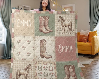 Personalized Quilt Blanket, Western Horse Cowgirl Design, Custom Name Baby Blanket