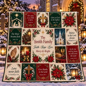 May include: A rectangular Christmas-themed quilt featuring a central panel with the text The Smith Family, Faith, Hope, Love, Merry & Bright, surrounded by various religious scenes, poinsettias, crosses, candles, and Bible verses in red and green.