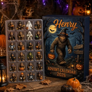 Personalized Halloween Bigfoot Advent Calendar: Custom Name Spooky Sasquatch Blind Box with Charms