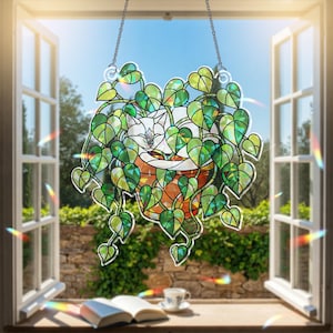 Siamese Cat Sleeping in Porthos Leaves Plant Hologram Ornament – Siamese Cat Hanging in Heart Leaf Vine – Window Decor for Plant, Cat Lovers