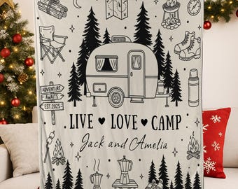 Custom Fleece Blanket, Camper Trailer Line Art, Pine Forest, Live Love Camp, Name Text