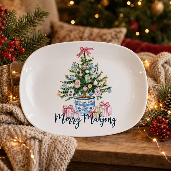 Merry Mahjong Christmas Serving Platter Preppy Holiday Oval Tray Mahjong Lover Gift