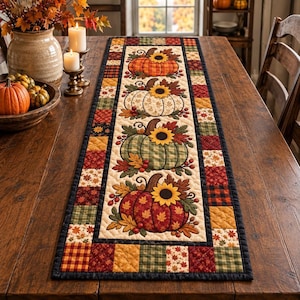 May include: A rectangular quilted table runner featuring a central panel with four stacked pumpkins in orange, white, green, and red, each accented with sunflowers and autumn leaves, surrounded by a border of multicolored patchwork fabric squares.