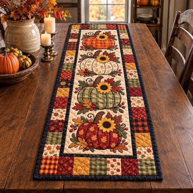May include: A rectangular quilted table runner featuring a central panel with four stacked pumpkins in orange, white, green, and red, each accented with sunflowers and autumn leaves, surrounded by a border of multicolored patchwork fabric squares.