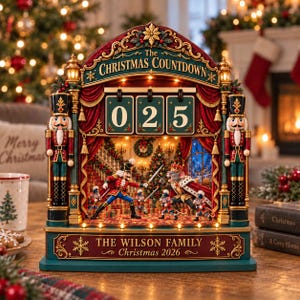 Gepersonaliseerde Notenkraker Kerst Countdown Tracker: Tafelbord met aangepaste familienaam voor op het podium of in theaterstijl
