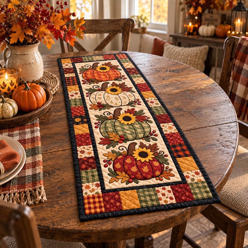 May include: A rectangular quilted table runner featuring a central panel with four embroidered pumpkins in orange, white, green, and red, each topped with a sunflower. The border consists of a patchwork pattern of autumn-themed fabric squares.