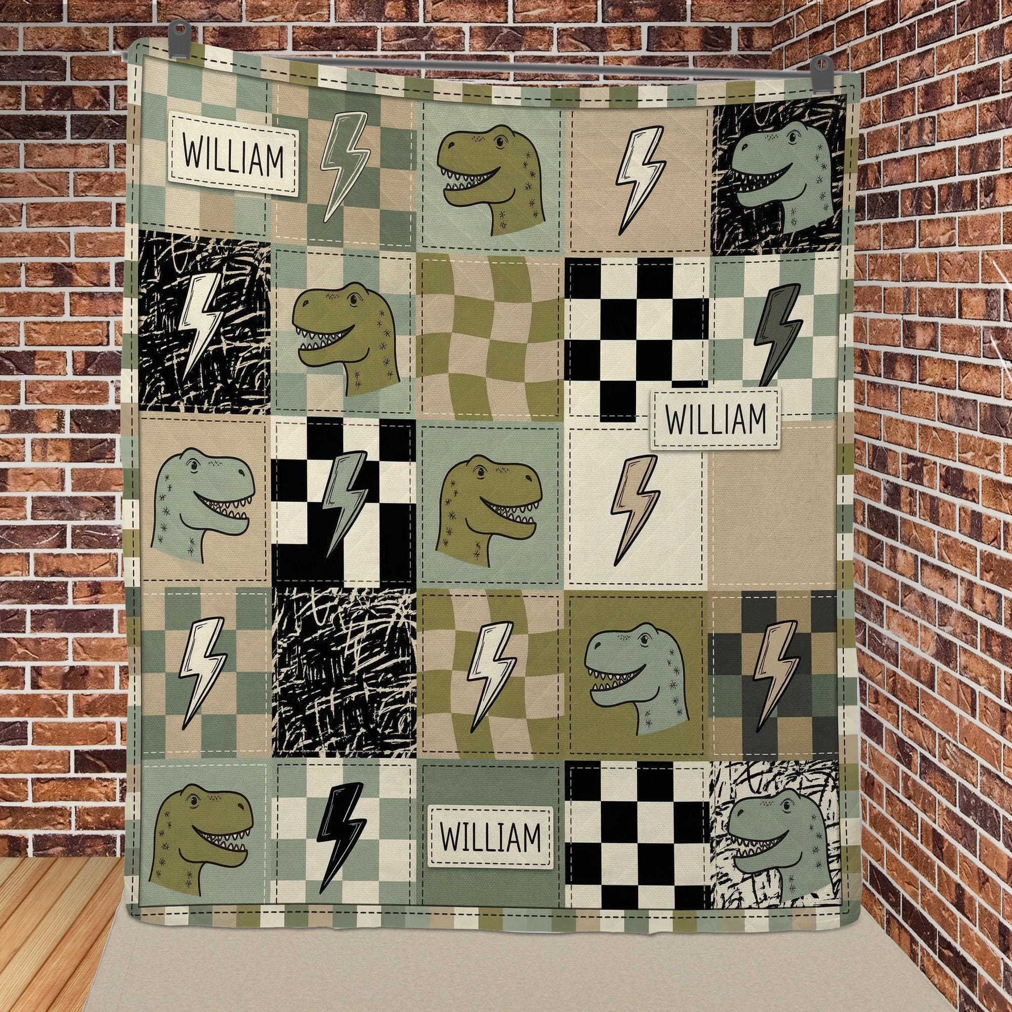 Personalized Quilt Blanket: Dinosaur Throw, Name Custom Checkered