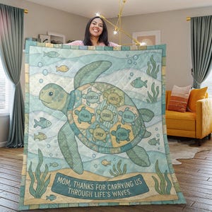 名入れ可能なカメ柄キルトブランケット、カスタムネーム入りファミリースロー、海をテーマにした寝具