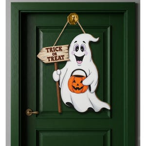 Ghost Door Hanger, Trick or Treat Wood Sign, Cute Halloween Front Door Decor, Kid Friendly Spooky Porch Decoration, Fall Wall Hanging