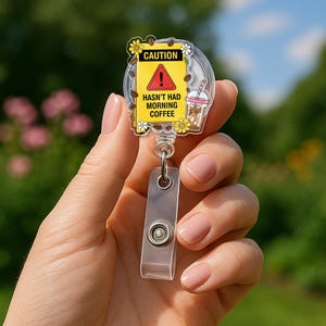 Caution Funny Coffee Badge Reel | Haven’t Had Morning Coffee ID Holder | Cute Badge for Nurses, Teachers, Coffee Lovers, Caution Badge Reel
