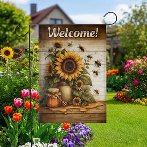 Sunflower Bee Garden Flag – Rustic Welcome Yard Banner – Honey Pot Country Porch Decor – Farmhouse Outdoor Flag for Summer