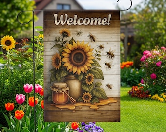Flaga ogrodowa Sunflower Bee – Rustykalny baner powitalny na podwórko – Honey Pot Country Porch Decor – Flaga zewnętrzna Farmhouse na lato