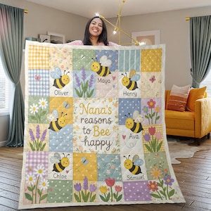 Manta acolchada personalizada, manta de patchwork Nana Bee, manta floral con el nombre de los nietos