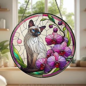 Siamese Cat with Orchid Glass Suncatcher – Floral Cat Window Art – Mother&#39;s Day Gift – Flower Lover & Cat Mom Gift
