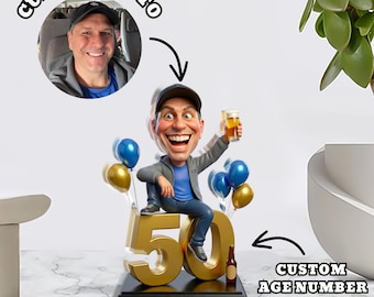 Ritratto caricaturale personalizzato in acrilico, foto trasformata in statuetta da cartone animato, numero di compleanno personalizzato