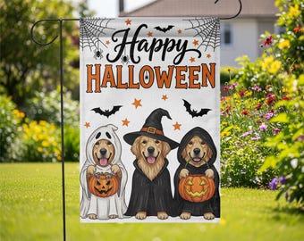 Flaga ogrodowa dla psa na Halloween, jesienna dekoracja ogrodu Golden Retriever, uroczy baner z duchem czarownicy dla psa, dekoracja zewnętrzna w kształcie cukierka lub psikusa