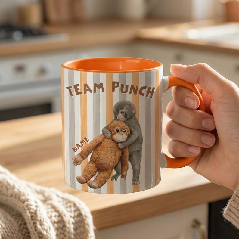 Team Punch Monkey Mug, Two Tone Ceramic Coffee Cup, Primate Illustration Drinkware image 1