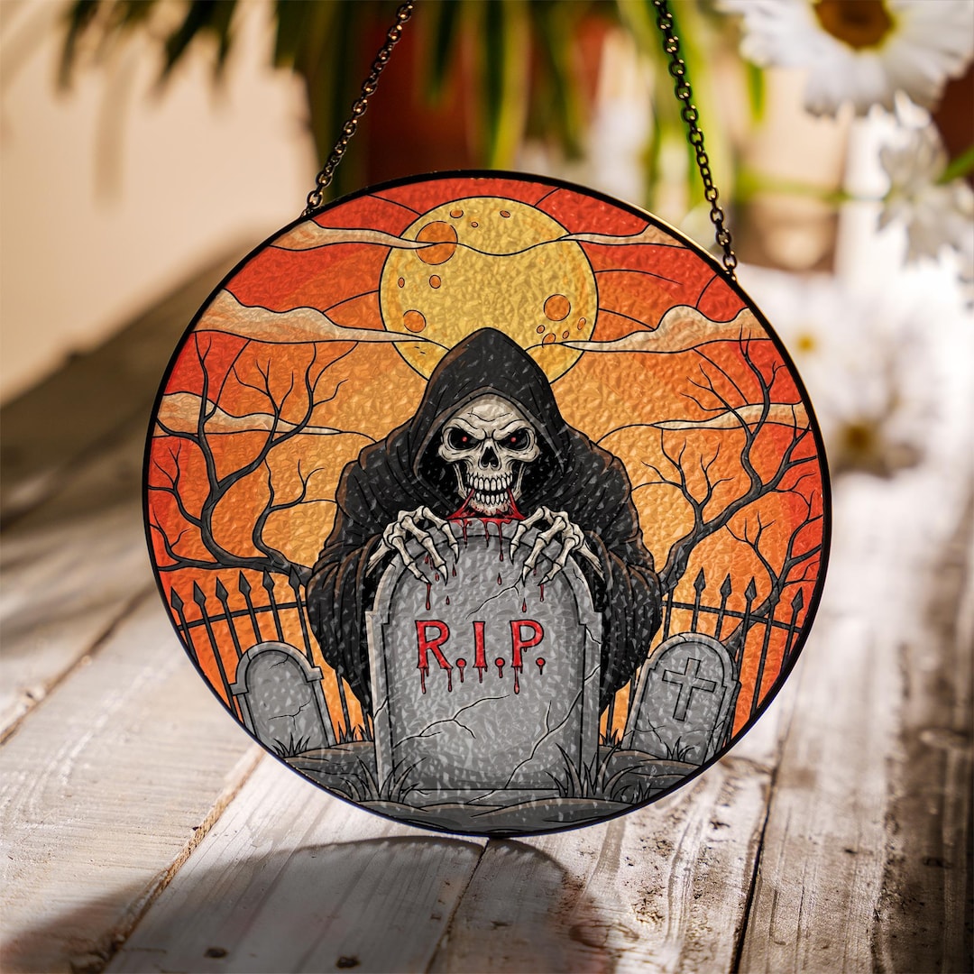 Grim Reaper RIP Ornament | Gothic Halloween Stained Glass Hanging ...