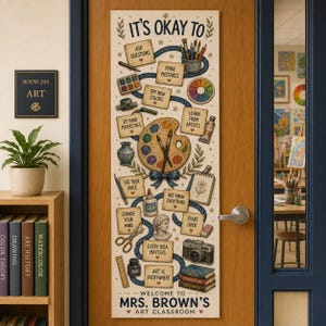 May include: A vertical rectangular sign for Mrs. Brown's art classroom featuring the text 'It's okay to' followed by various encouraging phrases like 'ask questions' and 'make mistakes' alongside illustrations of art supplies, a palette, and a camera.