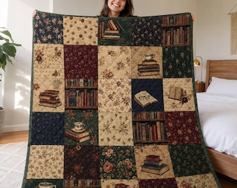 Vintage-Bücherregal-Steppdecke, Patchwork-Decke für Bücherliebhaber, Dark Academia-Dekor