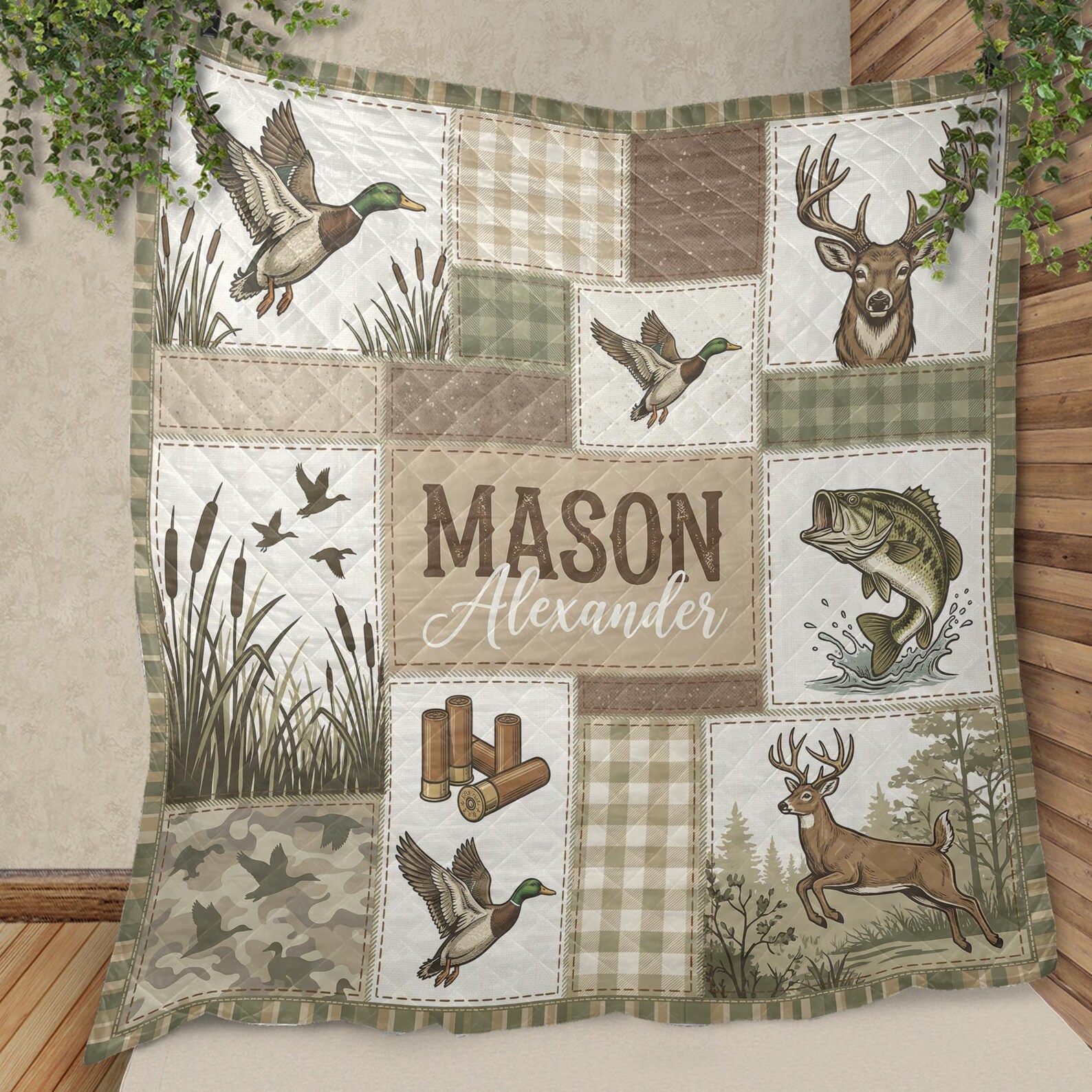 Personalized Hunting Fishing Quilt Blanket, Deer Duck Bass Patchwork ...