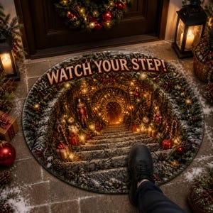 Può includere: Uno zerbino rotondo con un'illustrazione 3D di una scala in pietra che conduce a un arco luminoso, decorato con schiaccianoci, regali e luci natalizie. Il testo WATCH YOUR STEP! è stampato in grassetto nella parte superiore.