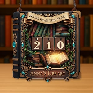 May include: Decorative wooden book-shaped sign with the text "BOOKS READ THIS YEAR" and "Anna's Library." The sign displays the number "210" and features a detailed design with faux books and ornate gold accents. It has blue gem embellishments.