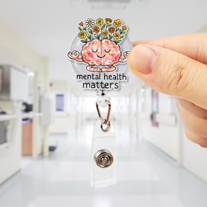 Bobine de badge Questions de santé mentale - Joli support pour carte d'identité en forme de cerveau avec des fleurs - Clip rétractable inspirant pour les thérapeutes, les infirmières et le personnel