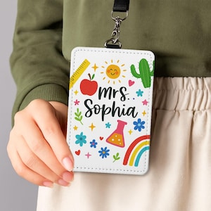Personalized Teacher ID Badge Holder – Cute Custom Name Lanyard Card with Rainbow, Flowers, Icons – Back to School Teacher Gift, Classroom