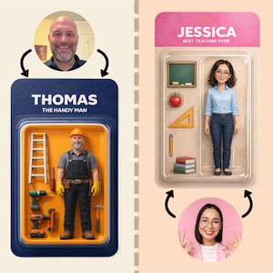 Może przedstawiać: Dwa zestawy figurek. Jeden oznaczony jest jako "THOMAS THE HANDY MAN" i przedstawia figurkę majsterkowicza z narzędziami. Drugi oznaczony jest jako "JESSICA BEST TEACHER EVER" i przedstawia figurkę nauczycielki z przyborami szkolnymi.