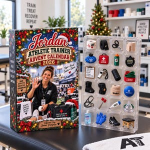May include: A Jordan Athletic Trainer Advent Calendar 2026 box featuring a person waving and a clear plastic tray containing twenty-four miniature athletic training supplies, including tape, a whistle, a stethoscope, and a small black shoe.