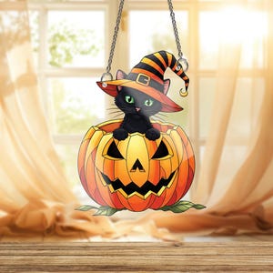 Halloween Cat Ornament , Black Cat in Pumpkin Ornament, Witch Hat Window Hanging, Cute Spooky Fall Home Decor