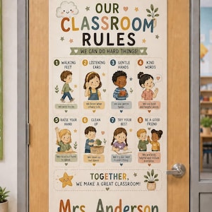 Op de afbeelding: Een rechthoekige poster met klassenregels met de tekst OUR CLASSROOM RULES, WE CAN DO HARD THINGS en Mrs. Anderson. Het toont acht genummerde illustraties van kinderen die taken uitvoeren zoals lopen, luisteren en opruimen, met kleine iconen.