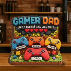 以下が含まれることがあります： ピクセル化されたテキストとカラフルなゲームコントローラーを備えた木製のゲーマーパパのサイン。「ゲーマーパパ、普通のパパのように、ただずっと」と書かれています。「ウィリアム」、「オリビア」、「ダニエル」、そしてコントローラーには「パパ」という名前が含まれています。