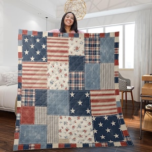 Patriotic Quilt Blanket: Americana Faux Patchwork Throw With Stars Stripes Floral Plaid Print