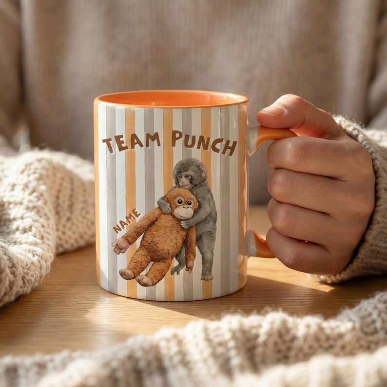 Team Punch Monkey Mug, Two Tone Ceramic Coffee Cup, Primate Illustration Drinkware image 2