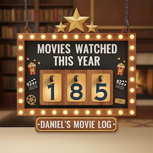 Puede incluir: Un letrero de madera con el texto "MOVIES WATCHED THIS YEAR" y el número "185" en un contador. El letrero está decorado con iconos de cine y estrellas, con "DANIEL'S MOVIE LOG" en la parte inferior, perfecto para registrar películas.