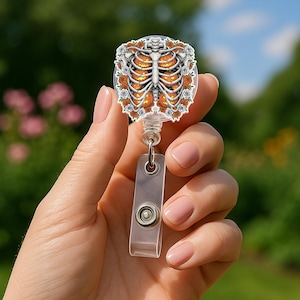 Halloween Skeleton Ribcage Badge Reel, Pumpkin and Flower ID Holder, Spooky Cute Nurse and Teacher Accessory for Fall, Cute Nurse Badge ID